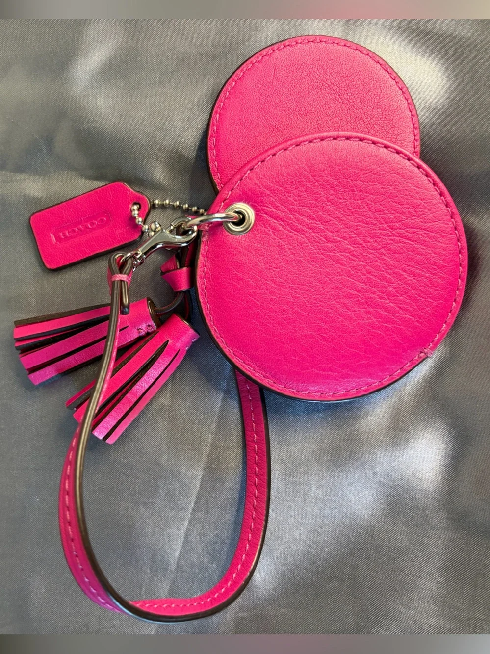 Coach Fuchsia Pink Leather Compact Mirror Tassel Bag Charm